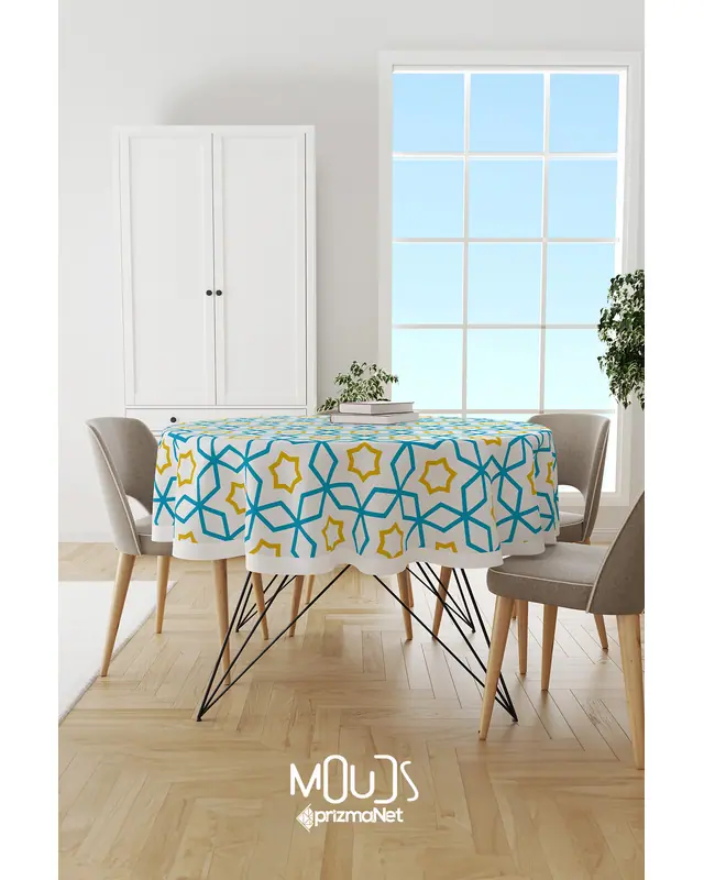 Blue Yellow Islamic Round Easy-Care Suede-Feel Tablecloth - MSY-218 - 2