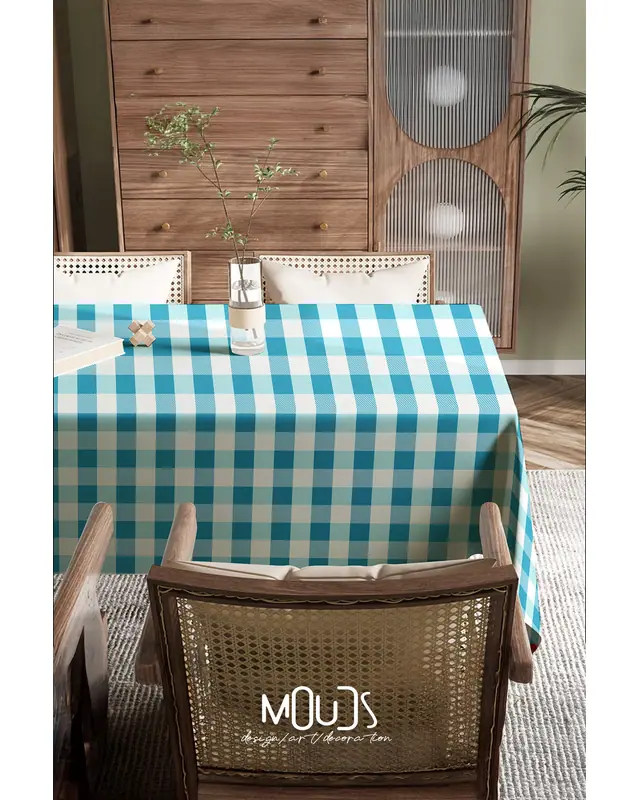 Blue Gingham Rectangular Easy-Care Suede-Feel Tablecloth - MS-3000-MAVİ - 3