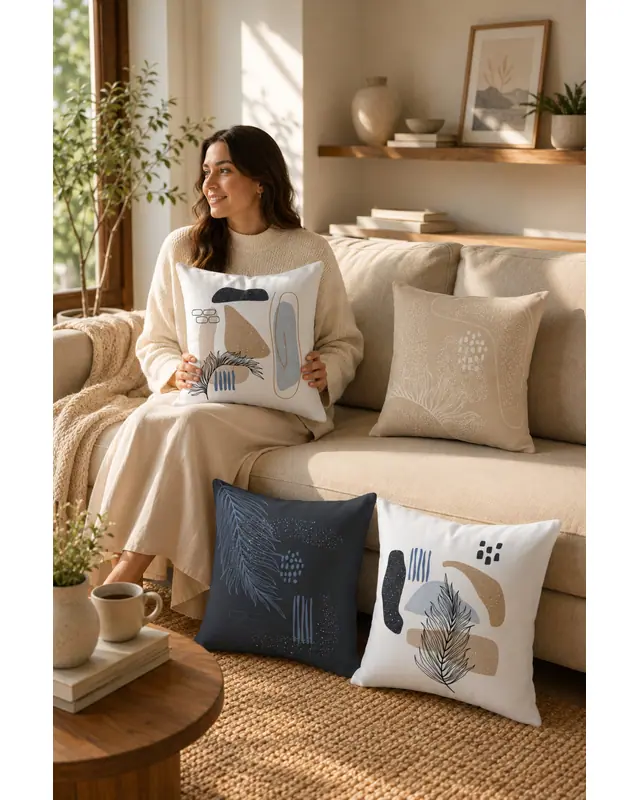 Double-Sided Printed Tüy Series Pattern Set of 4 Coordinated Suede Cushion Cover - PLG157 - 2