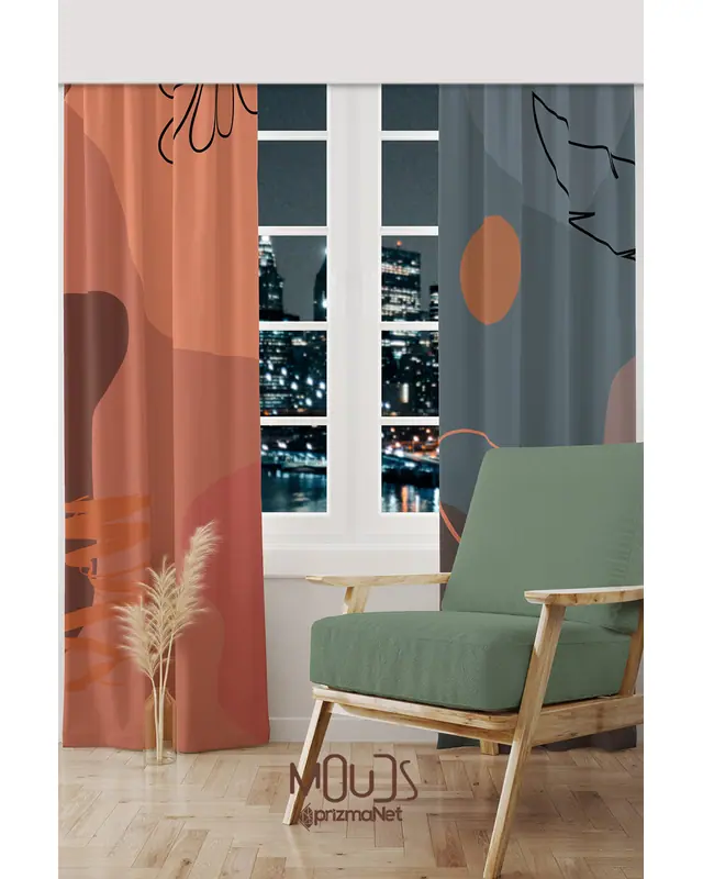 Best Pastel Desenli Süet Oturma Odası Salon Fon Perde Baskılı Ekstrafor Büzgü 2 Kanat PRD-1049