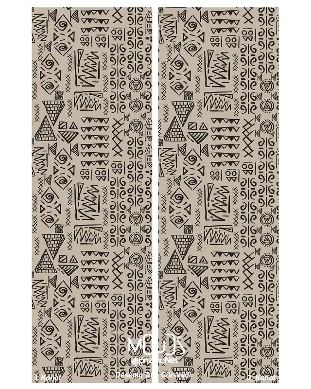 Egypt Patterned Suede Living Room Decorative Curtain Digital Printed Pencil Pleat Body - Set of 2 Panels - PRD-1008 - 3