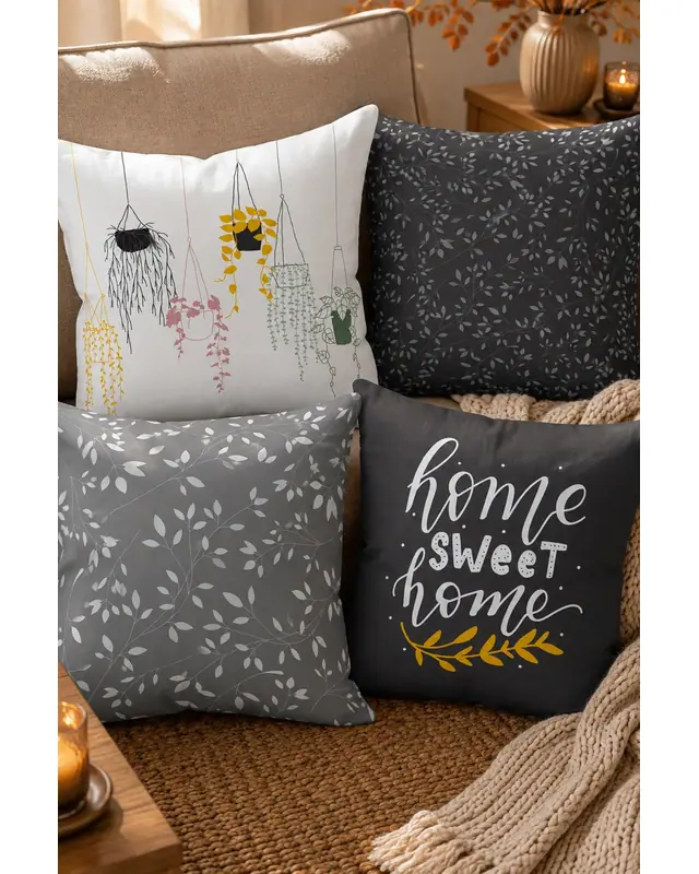 Double-Sided Printed Grey Sweet Home Series Pattern Set of 4 Coordinated Suede Cushion Cover - PLG200 - 8