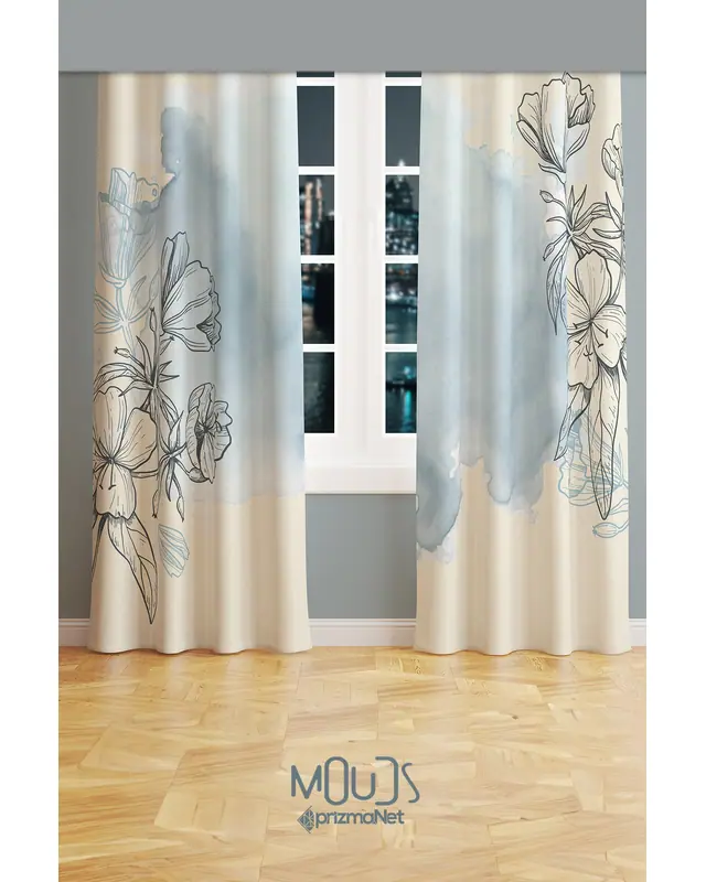 Blue Line Floral Patterned Suede Living Room Salon Decorative Curtain Printed Pencil Pleat - Set of 2 Panels - PRD-1051 - 2