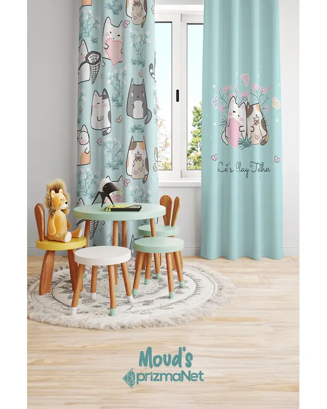 Sweet Catlets Patterned Printed Kids' and Baby Room Decorative Curtain - Set of 2 Panels - PRD-20 - 2
