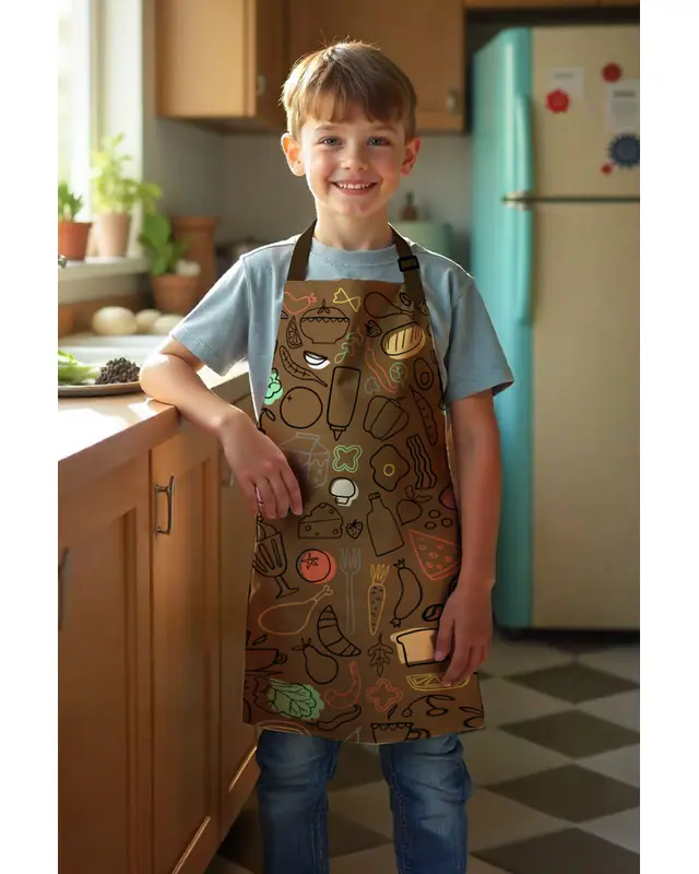 Child Kitchen Apron, Activity Bib, Patterned Kitchen Apron, 55 cm Size 40 cm Width Children's Front - MTC-09 - 3