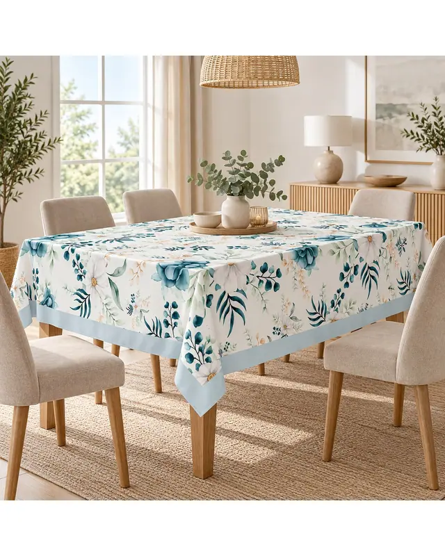 Navy Blue Green Flower Rectangular Easy-Care Suede-Feel Tablecloth - MS-129