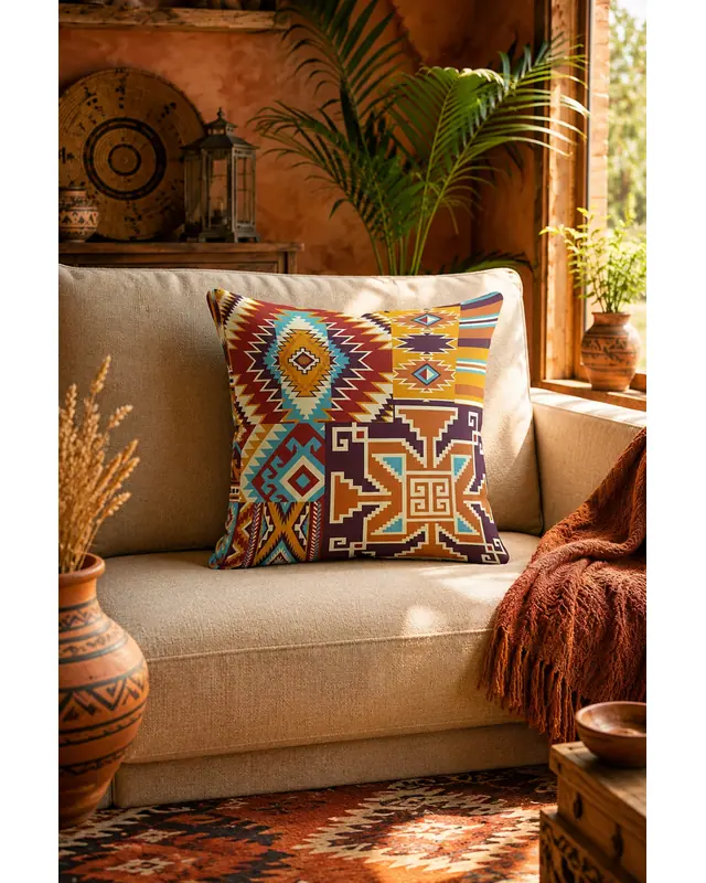 Çift Tarafı Baskılı Etnik Kilim Desenli 4'lü Kombin Süet Kırlent Kılıfı - 7