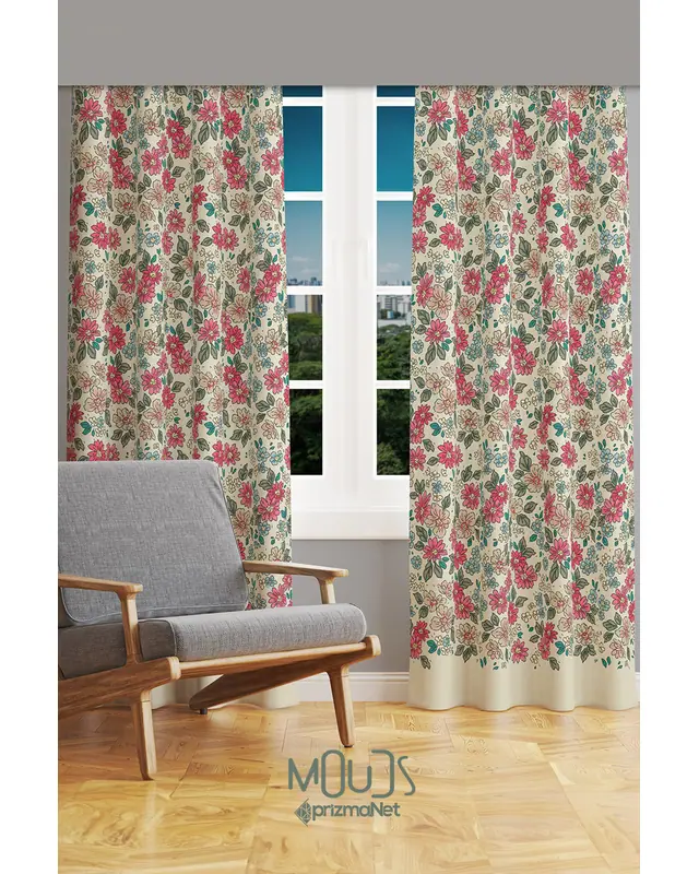 Retro Çiçek Desenli Süet Oturma Odası Salon Fon Perde Baskılı Ekstrafor Büzgü 2 Kanat PRD-1038 - 2