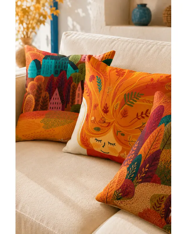 Mouds Set of 4 Sonbahar Ormanı Pattern Decorative Cushion Cover Set 43x43 cm - 3