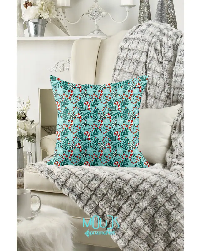 Double-Sided Printed Set of 4 Kokina Blue Şeker Kamışı Christmas Pattern Cushion Cover New Year PL1130-4LÜ - 3