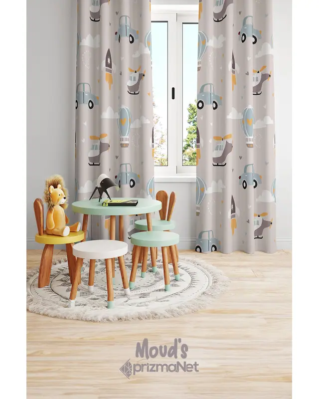 Car and Helicopter Patterned Printed Kids' and Baby Room Decorative Curtain - Set of 2 Panels - PRD-03 - 2