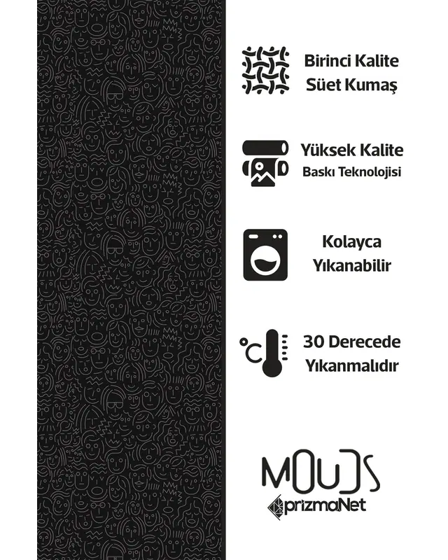 Black Faces Patterned Suede Living Room Decorative Curtain Printed Pencil Pleat Body - Set of 2 Panels - PRD-1070 - 5