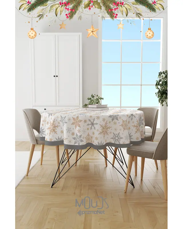 White Snowflakes Christmas Round Easy-Care Suede-Feel Tablecloth - MSY-207 - 2
