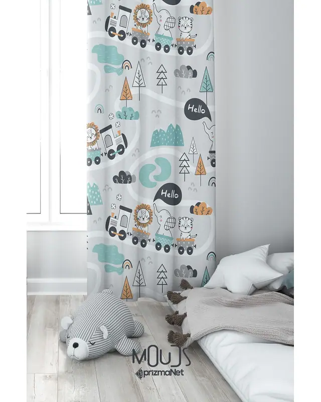 Toy Train Patterned Decorative Curtain Kids' and Baby Room Digital Printed Suede Pencil Pleat - Single Panel - PRD-10-TK - 2