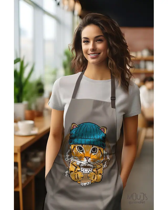 Suede Textured Fabric With Blue Hat Cat Patterned Kitchen Apron, Chef Apron, Waiter Front, Restaurant Apron - MTF-45 - 2