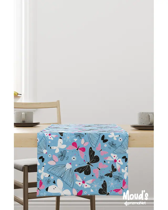 Blue Butterflies Pattern Printed Suede Table Runner - 4