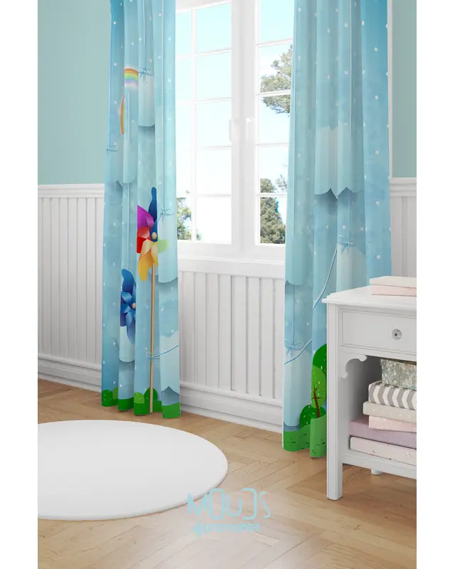 Wind Rose Patterned Decorative Curtain Kids' and Baby Room Printed Suede Pencil Pleat - Set of 2 Panels - PRD-60 - 2