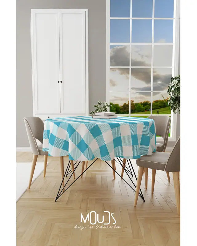 Blue Gingham Round Easy-Care Suede-Feel Tablecloth - MSY-3000-MAVİ - 2