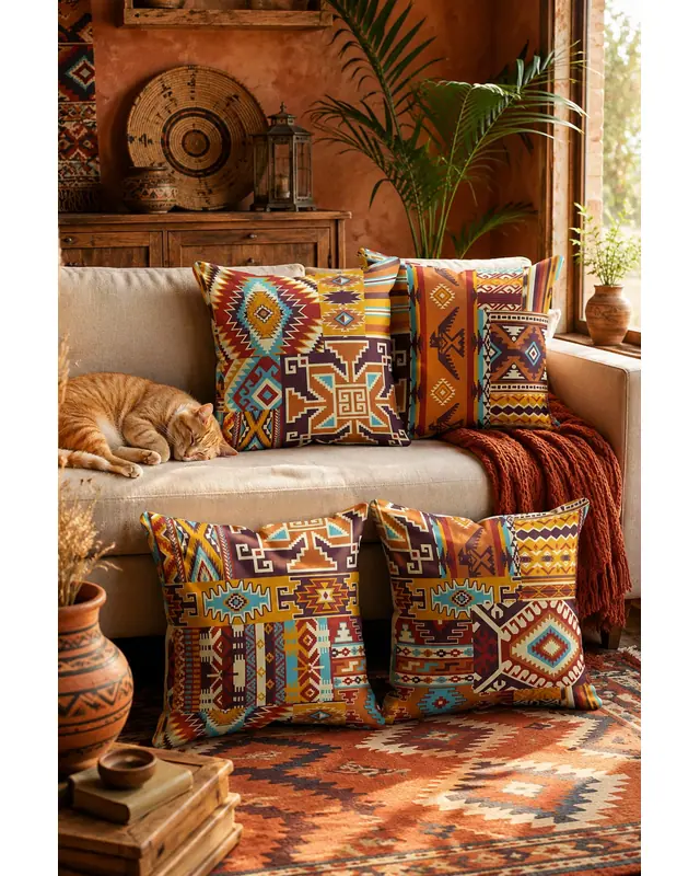 Çift Tarafı Baskılı Etnik Kilim Desenli 4'lü Kombin Süet Kırlent Kılıfı - 8