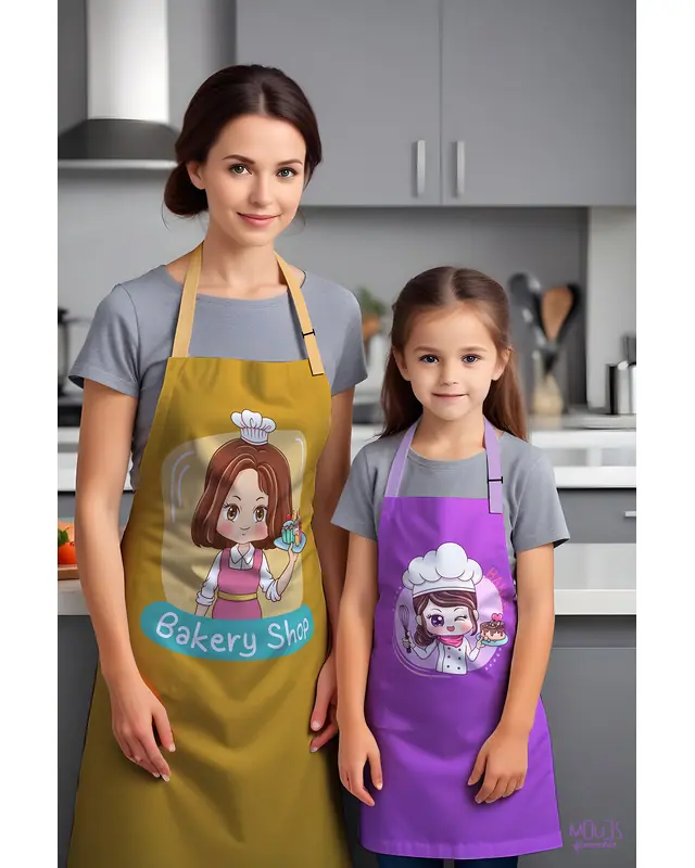 Anne Kız Pastacı Desenli Mutfak Önlüğü, Aşçı Önlüğü, Çocuk Önlüğü, Etkinlik Önlüğü