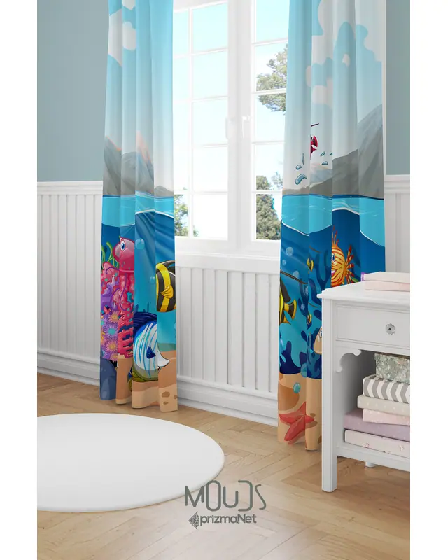 Marine Animals Patterned Decorative Curtain Kids' and Baby Room Printed Suede Pencil Pleat - Set of 2 Panels - PRD-71 - 2