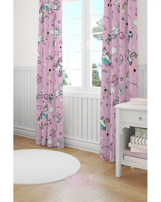 Pembe Unicorn Desenli Fon Perde Çocuk ve Bebek Odası Süet Baskılı Ekstrafor Büzgü 2 Kanat PRD-49 - 2
