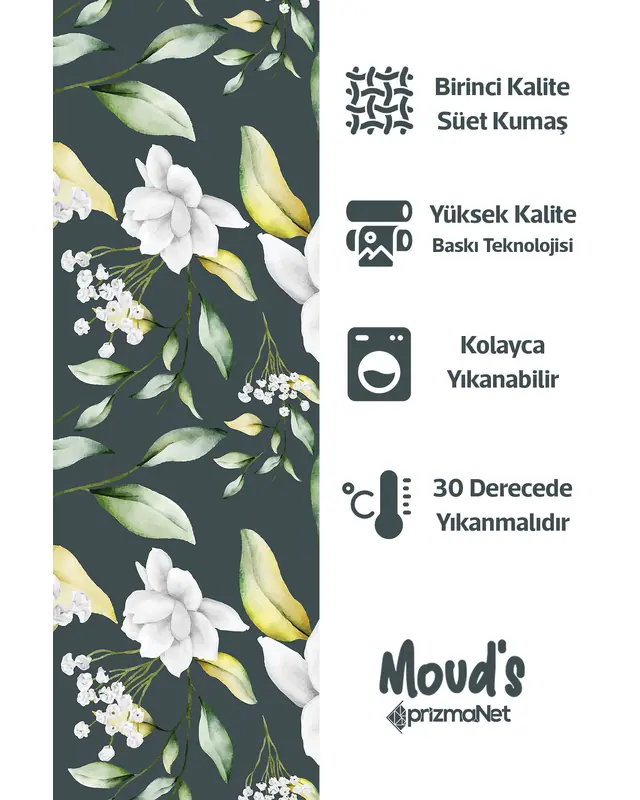 Green White Floral Pattern Printed Suede Table Runner - 2