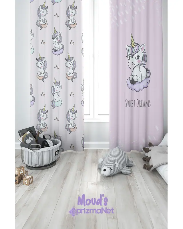 Uykucu Unicorn Desenli Baskılı Çocuk ve Bebek Odası Fon Perdesi 2 Kanat - PRD-31