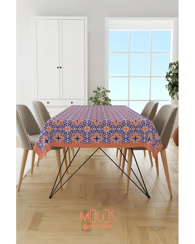 Navy Blue Rose Ornament Islamic Rectangular Easy-Care Suede-Feel Tablecloth - MS-236 - 4
