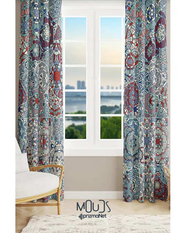 Mosque Tiles 1 Patterned Suede Living Room Decorative Curtain Pencil Pleat Mattress - Set of 2 Panels - PRD-1086