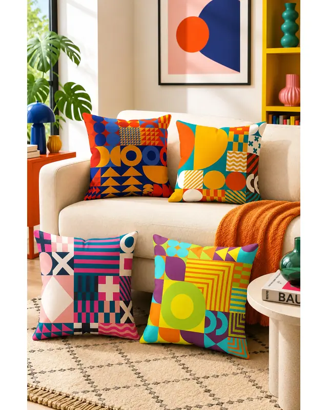 Double-Sided Printed Geometric Pattern Set of 4 Coordinated Suede Cushion Cover