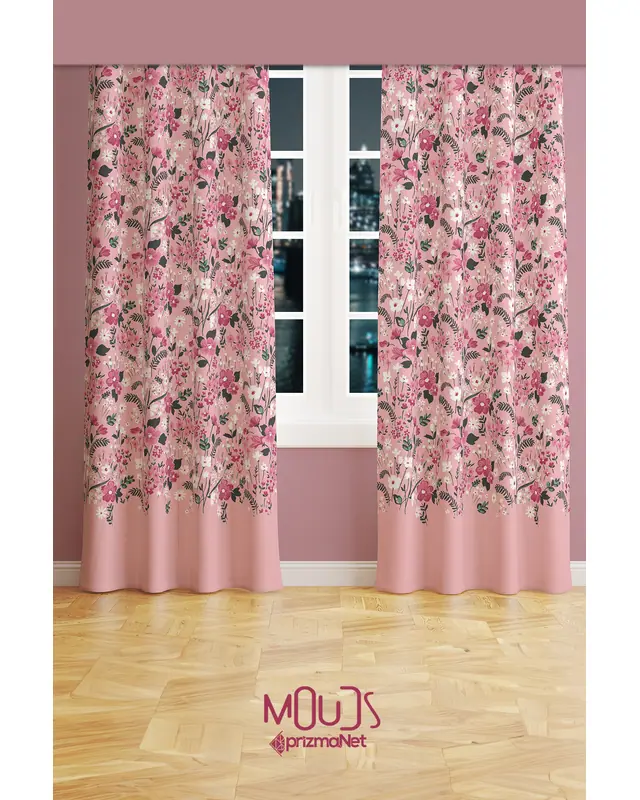 Pembe Çiçek Desenli Süet Oturma Odası Salon Fon Perde Baskılı Ekstrafor Büzgü 2 Kanat PRD-1022 - 2