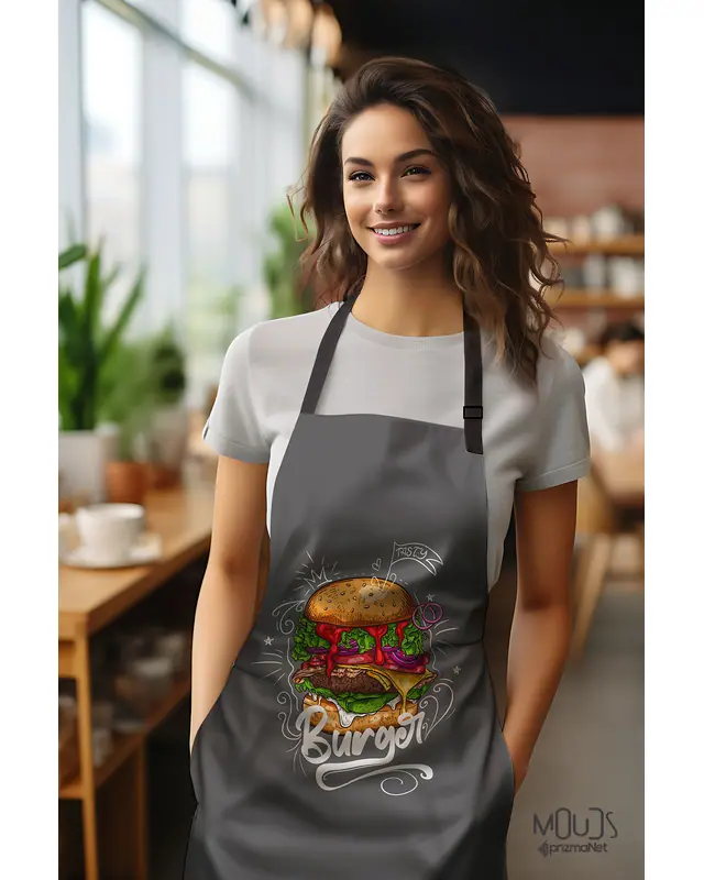 Suede Textured Fabric Burger Patterned Kitchen Apron, Chef Apron, Waiter Apron, Restaurant Apron - MTF-57 - 2