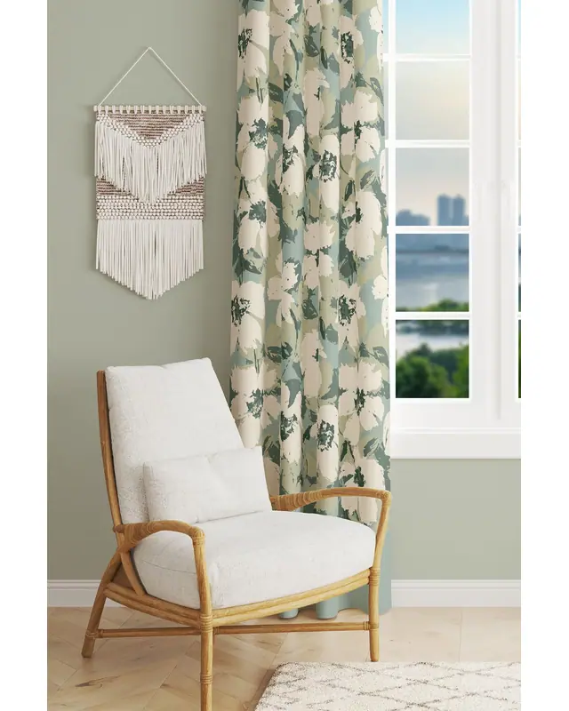 Green Floral Patterned Suede Living Room Decorative Curtain Printed Pencil Pleat - Single Panel - PRD-1037-TK - 2