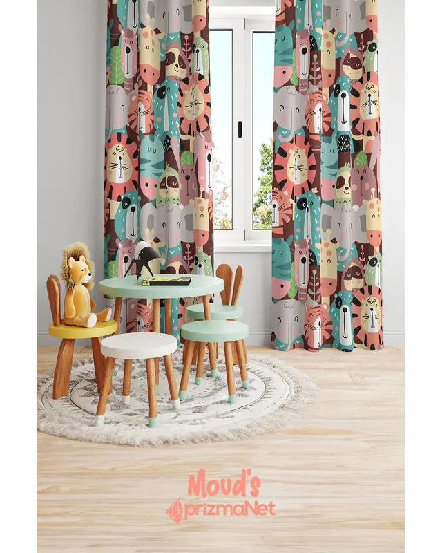Colorful Animals Patterned Printed Kids' and Baby Room Decorative Curtain - Set of 2 Panels - PRD-07 - 2