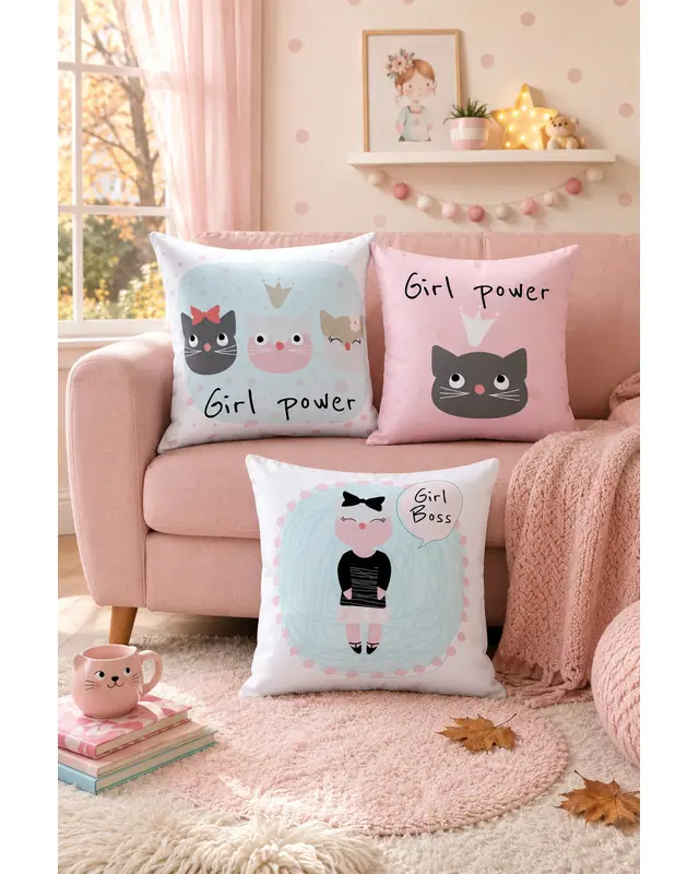 Çift Tarafı Baskılı Girl Power Desenli 3'lü Kombin Süet Kırlent Kılıfı