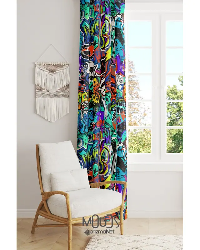 Graffiti Pattern Decorative Curtain Teen Room Living Room Digital Printed Suede Pencil Pleat - Single Panel - PRD-2006-TK