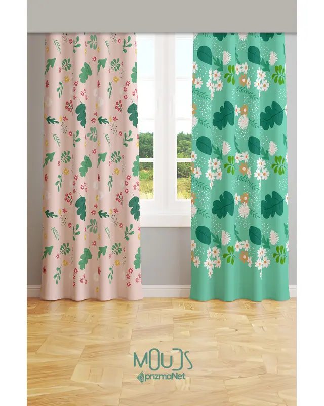 Green Pink Leaf Patterned Suede Living Room Decorative Curtain Pencil Pleat Body - Set of 2 Panels - PRD-1035 - 2