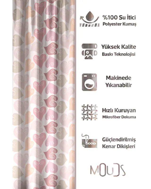 Banyo Perdesi, Renkli Kalpler Desenli Duş Perdesi, Küvet Perdesi, Halka Hediyeli 175x200cm BP-87 - 2