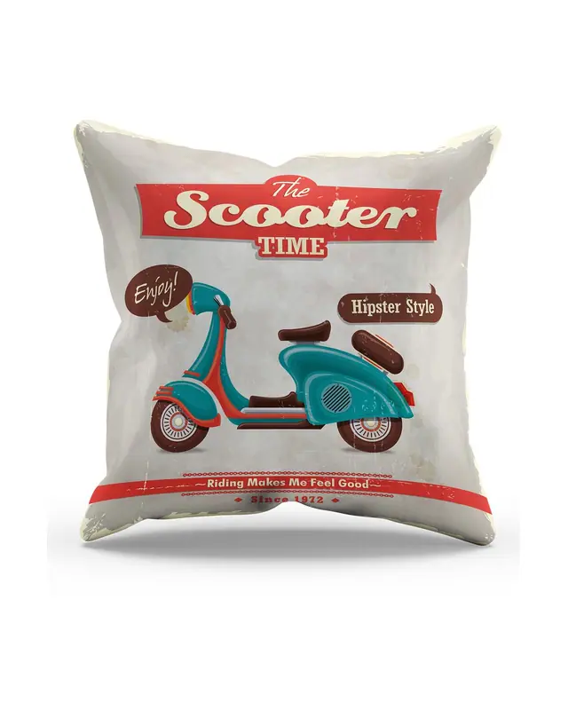 Çift Tarafı Baskılı Scooter Desenli Süet Kırlent Kılıfı