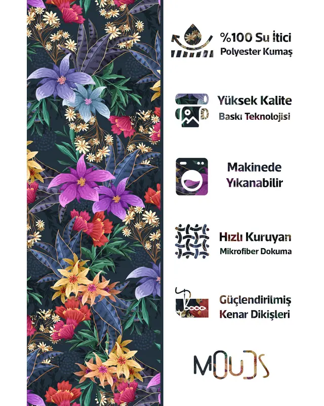 Banyo Perdesi, Gece Çiçekleri Desenli Duş Perdesi, Küvet Perdesi, Halka Hediyeli 175x200cm BP-97 - 2