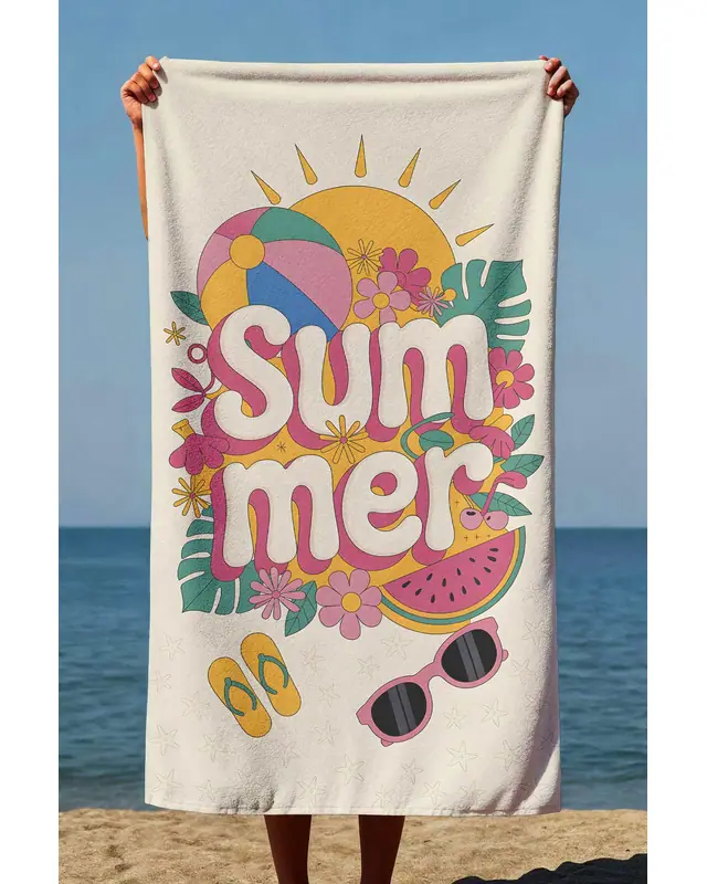 Dijital Baskılı 70x150cm Summer Desenli Plaj Havlusu - Banyo Havlusu - Deniz Havlusu - 2