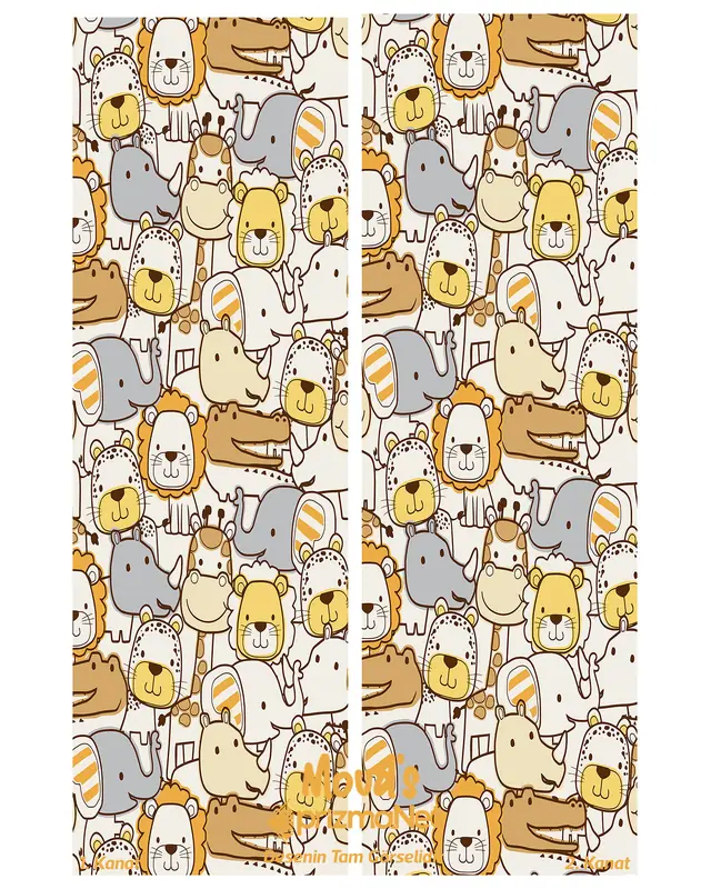 Orange Minik Animals Patterned Printed Kids' and Baby Room Decorative Curtain - Set of 2 Panels - PRD-05 - 3