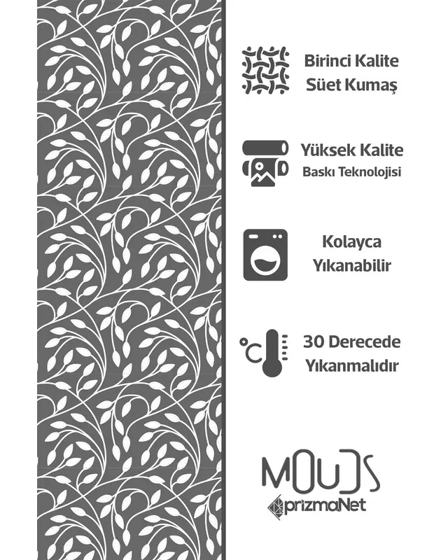 Gri Flora Serisi Desenli Süet Oturma Odası Salon Fon Perde Baskılı Ekstrafor Büzgü 2 Kanat PRD-1073 - 6