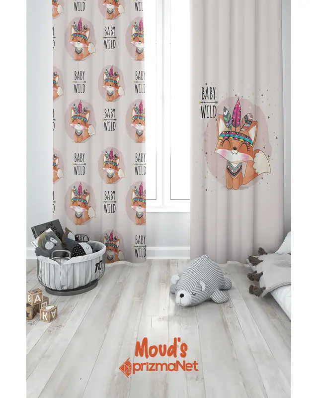 Bebek Tilki Desenli Baskılı Çocuk ve Bebek Odası Fon Perdesi 2 Kanat - PRD-11
