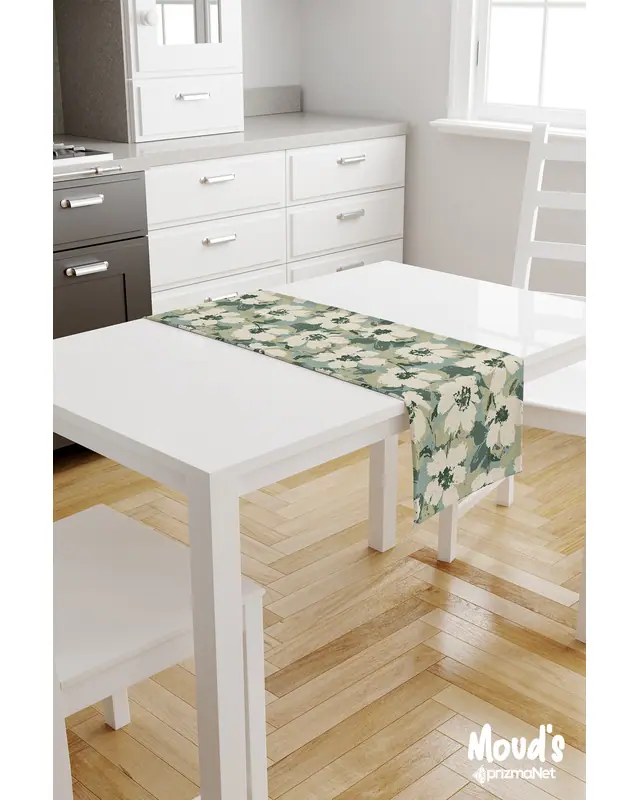 Green Floral Pattern Printed Suede Table Runner - 2