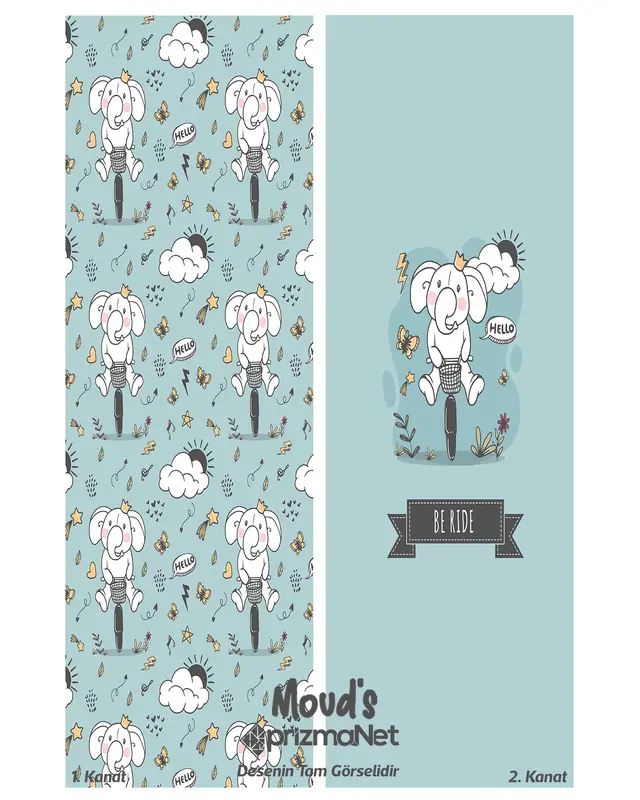 Cycling Elephant Patterned Printed Kids' and Baby Room Decorative Curtain - Set of 2 Panels - PRD-30 - 3
