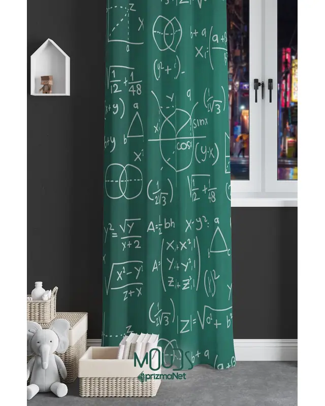 Matematik Desenli Fon Perde Genç Odası Oturma Odası Süet Dijital Baskılı Ekstrafor Büzgü TEK KANAT