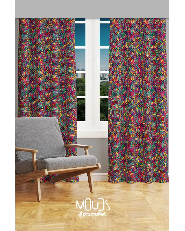 Colorful Small Square Patterned Suede Living Room Salon Decorative Curtain Printed Pencil Pleat Lanyard - Set of 2 Panels - PRD-1004