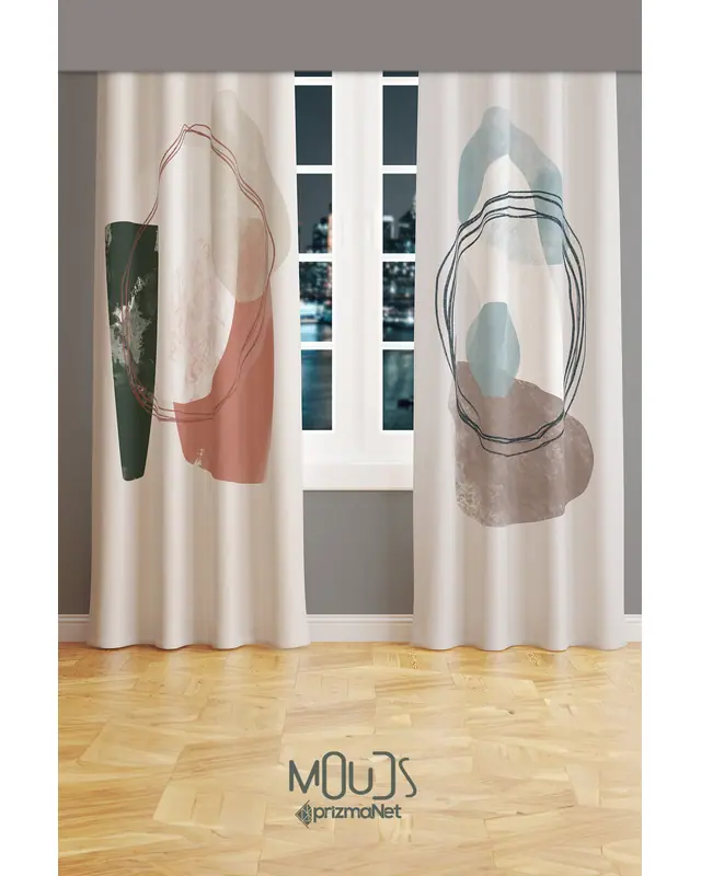 Soft Oval Desenli Süet Oturma Odası Salon Fon Perde Baskılı Ekstrafor Büzgü 2 Kanat PRD-1111 - 2